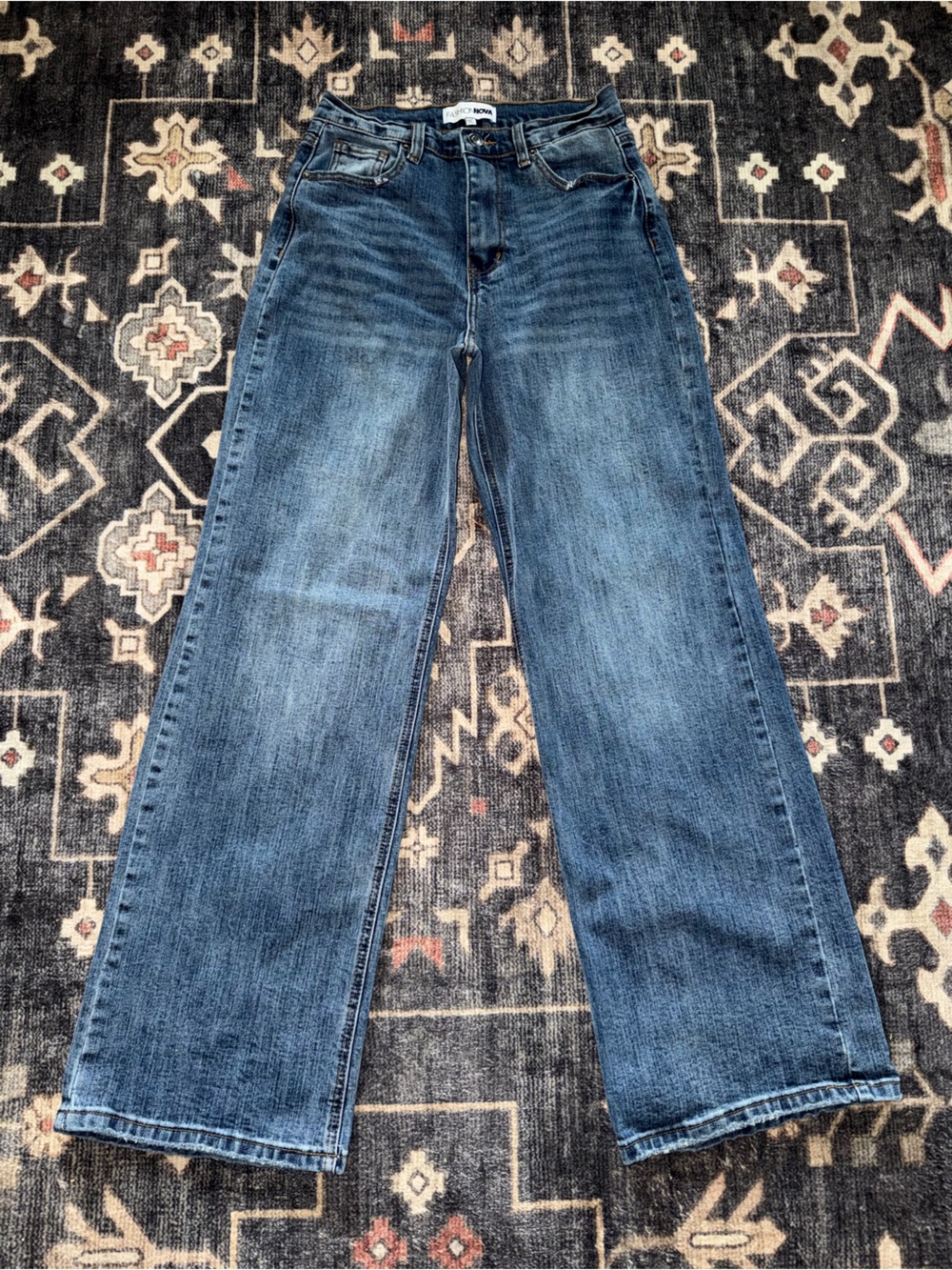 Fashion Nova Dark Blue Denim Jeans with Contrast Stitching